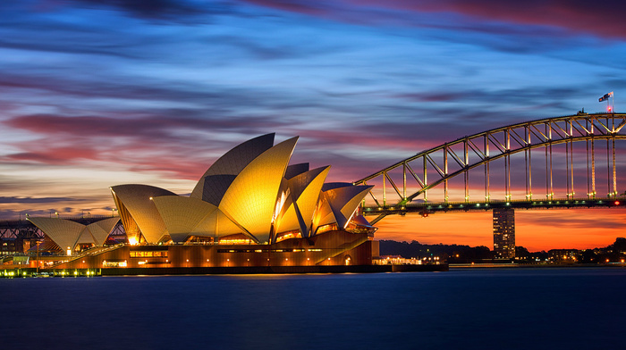 Australia, bridge, cities, evening, lights