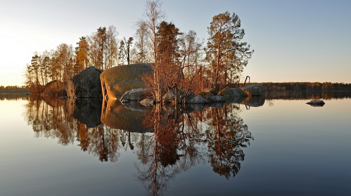 island, autumn, water, trees