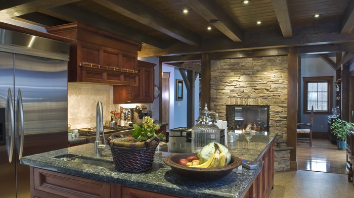 fireplace, kitchen, interior, table