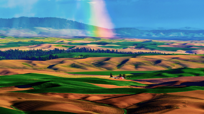 rainbow, sky, nature, hills, valley, lodge