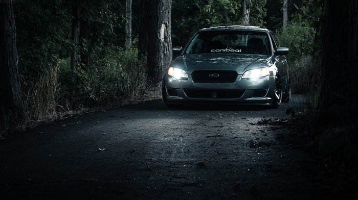 Subaru, road, cars, forest, light, headlights