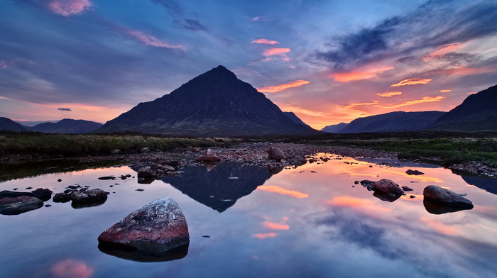 reflection, sky, stones, nature, sunset, mountain, river, clouds