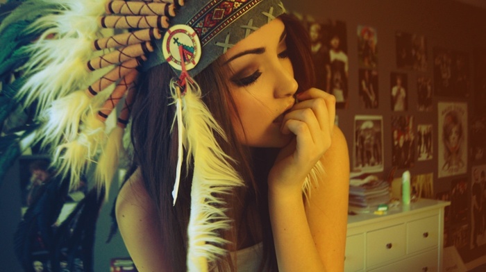 girl, brunette, feathers, room, girls