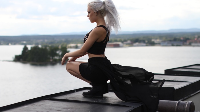 girls, water, blonde, sit, girl