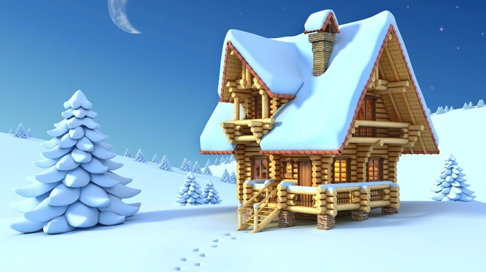 snow, moon, Christmas tree, lodge, winter