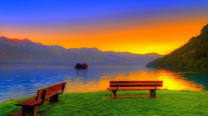 lake, sunset, mountain, nature, grass