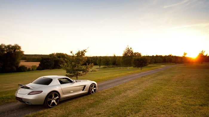 sky, Mercedes, sunset, forest, valley, cars