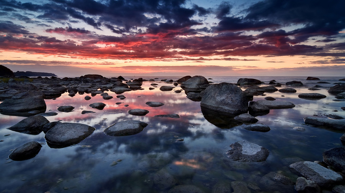 sunset, Germany, clouds, nature, sky, reflection, sea, stones
