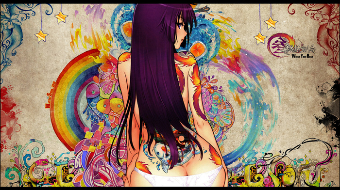 colors, panties, anime, girl, tattoo