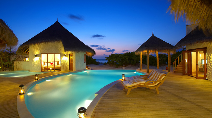 bed, swimming pool, evening