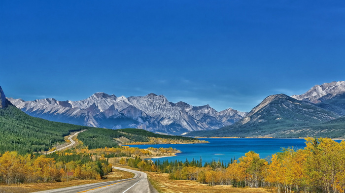 road, lake, nature, mountain, landscape