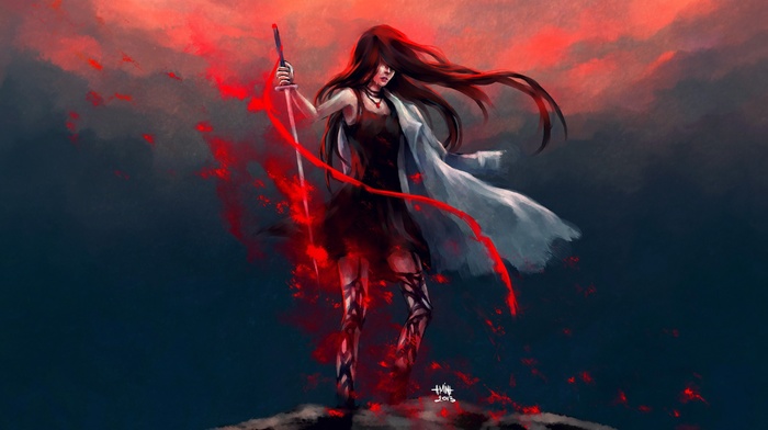 long hair, artwork, sword, NanFe