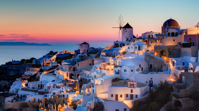 houses, sunset, Greece, cities