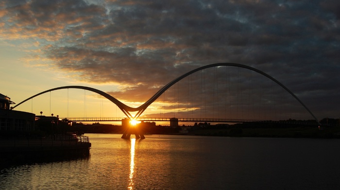 river, bridge, sunset, Sun, nature