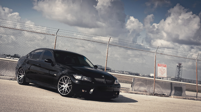 fence, clouds, cars