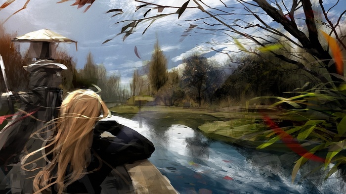 blonde, art, river, drawing, anime, girl