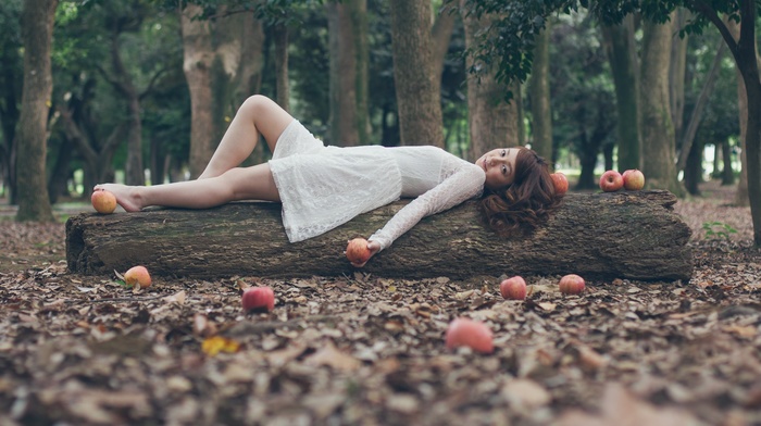 lying down, forest, girl, apples, redhead