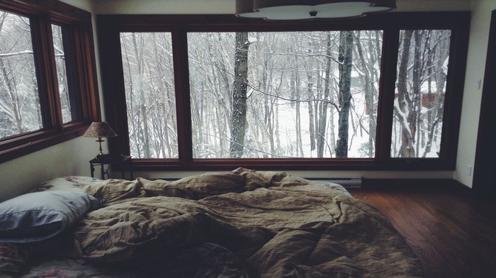 bed, winter, room, window, trees, snow