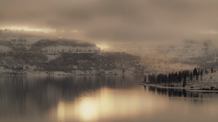 winter, landscape, river, mountain