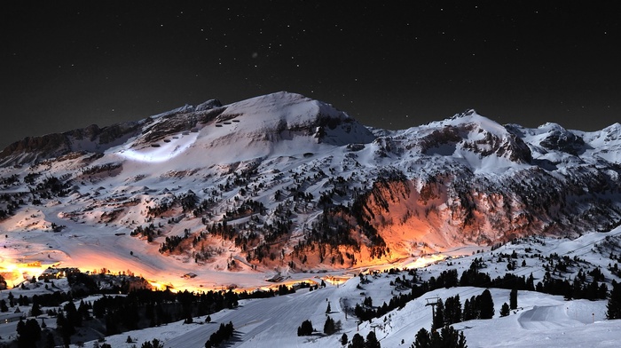 stars, night, winter, mountain, landscape