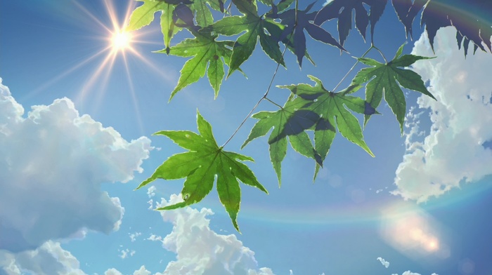 sunlight, sun rays, leaves, summer, Makoto Shinkai, clouds, The Garden of Words
