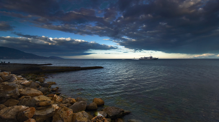 bay, nature, evening, coast, sea, ship