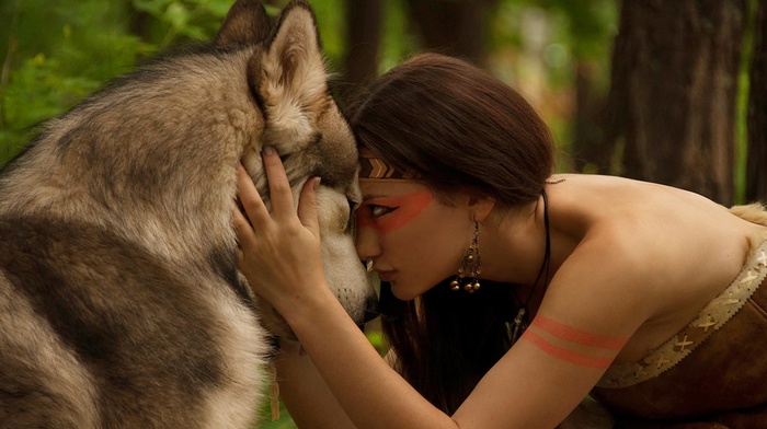 indian, forest, nature, brunette, girl, wolf