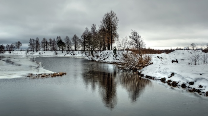 snow, river, frozen lake, nature