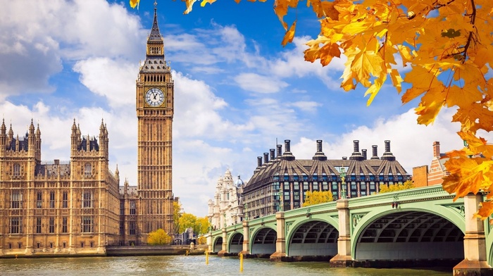 autumn, bridge, London, leaves, river, cities, England