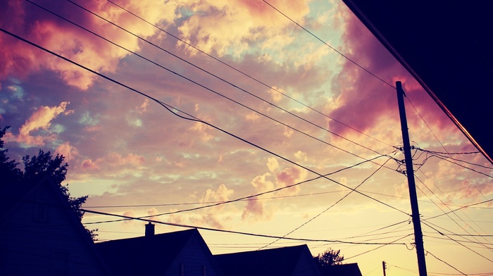 house, clouds, sunset