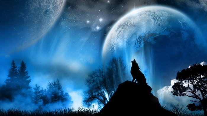 moon, night, artwork, animals, wolf, fantasy art