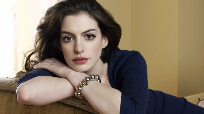 face, brown eyes, blue dress, relaxing, Anne Hathaway, brunette, couch
