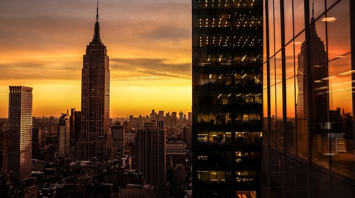 sunset, city, empire state building, New York City, cityscape, USA