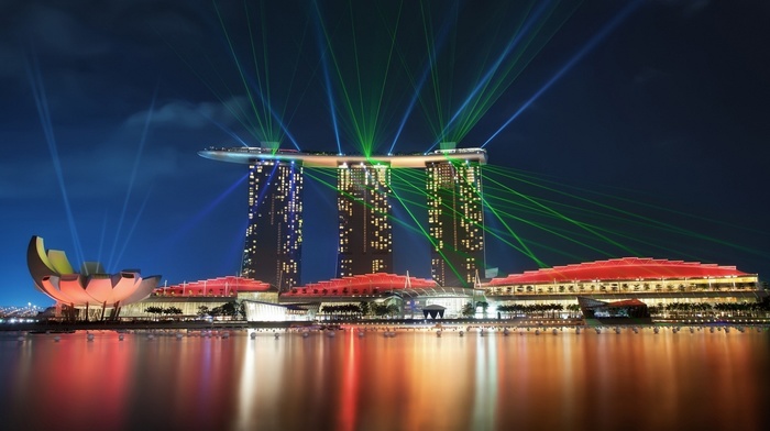 spotlights, building, cityscape, Marina Bay, lasers
