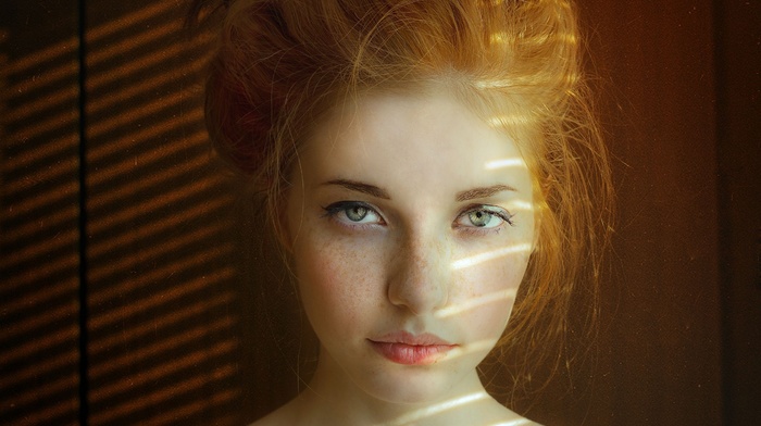 girl, natural lighting, face, Aleksandra V., portrait, green eyes, redhead, freckles