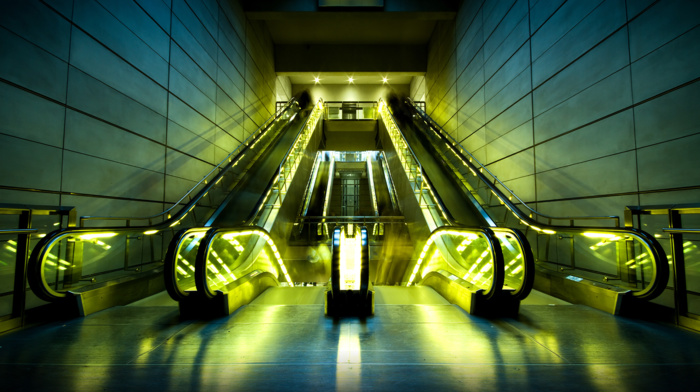 escalator, lights, urban exploration