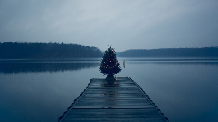 Christmas tree, pier, lake