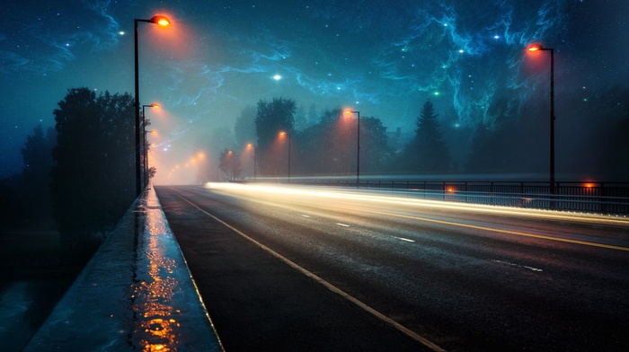 evening, nebula, lighter, space, road, rain, lights