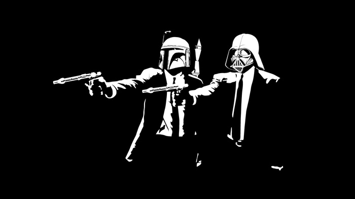 dark, black, Pulp Fiction parody, Darth Vader, gun