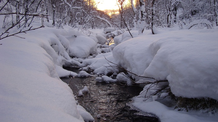 snow, sunset, creek, winter
