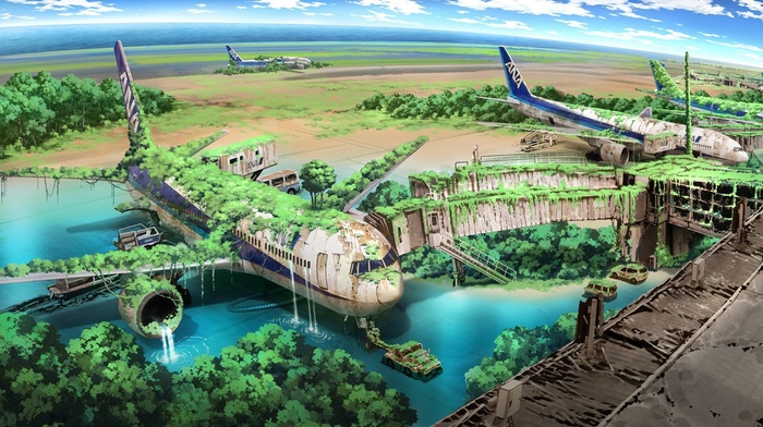 nature, aircraft, airplane, drawing, anime, apocalyptic
