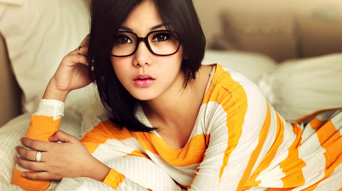 black hair, Asian, girl, striped clothing, lipstick, glasses, looking at viewer, brown eyes