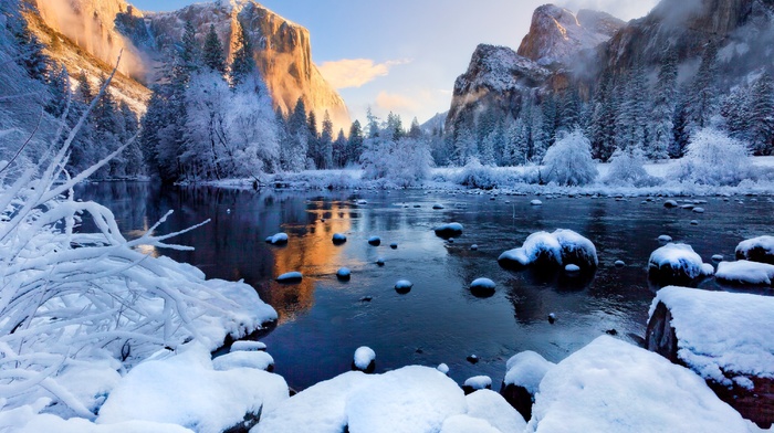 sunset, forest, river, mountain, snow, ice, mist, winter