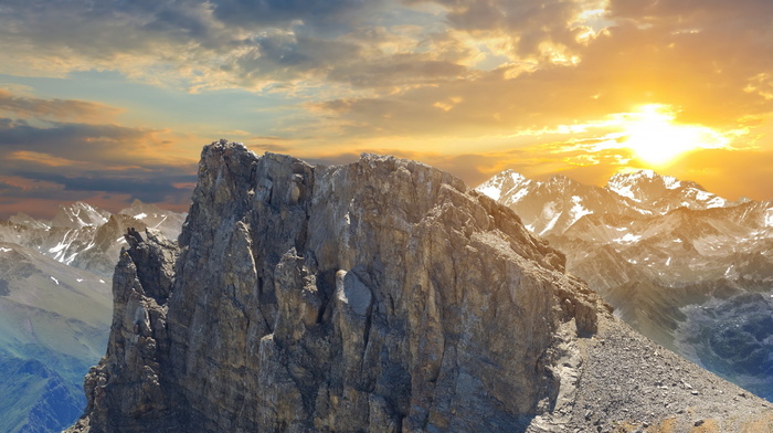 clouds, Sun, nature, mountain, snow, sky