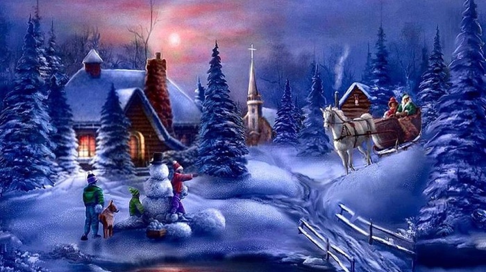 landscape, trees, night, Christmas, winter