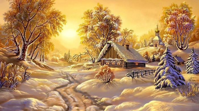 winter, lodge, trees, snow, landscape
