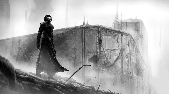 artwork, fantasy art, concept art, alone, monochrome, warrior