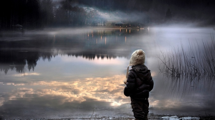 reflection, water, lake, child, mist, stunner, nature, boy, coast, evening