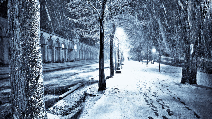 night, snow, winter, city, street