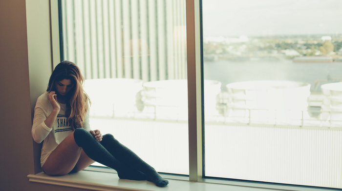 river, brunette, water, girl, window, city, girls